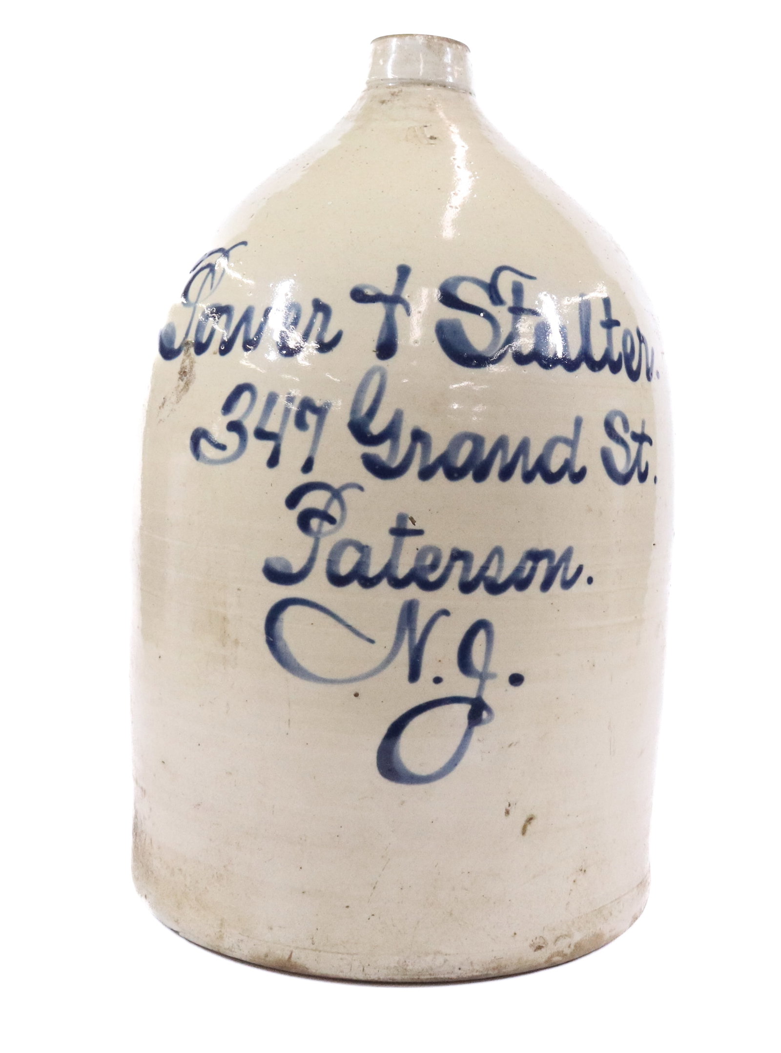 BLUE DECORATED PATERSON, NJ SCRIPT JUG (1 of 5)