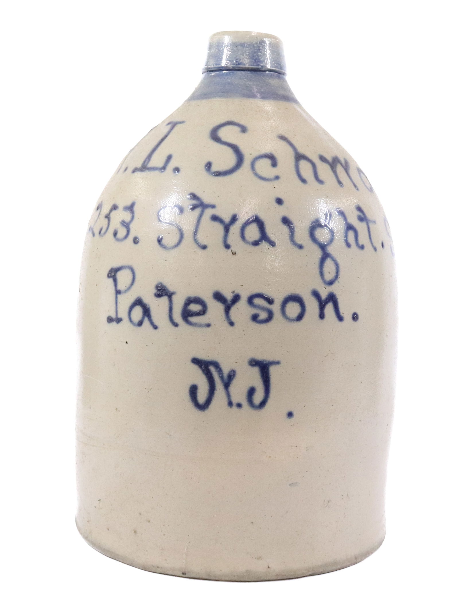 BLUE DECORATED PATERSON, NJ SCRIPT JUG (1 of 5)