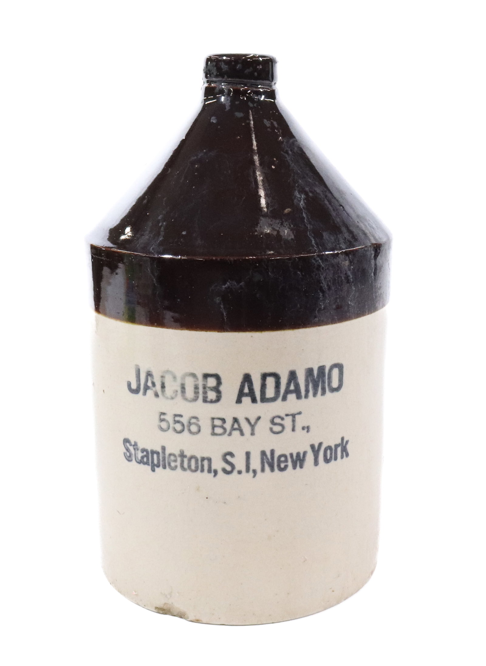STATEN ISLAND, NY ADVERTISING JUG: JACOB ADAMO 556 BAY ST., STAPLETON, S.I., NEW YORK. 11 3/4". Terms: PLEASE READ CAREFULLY - Terms for Purchasing and Shipping of Auction Items. Please read carefully before bidding. All payments for p