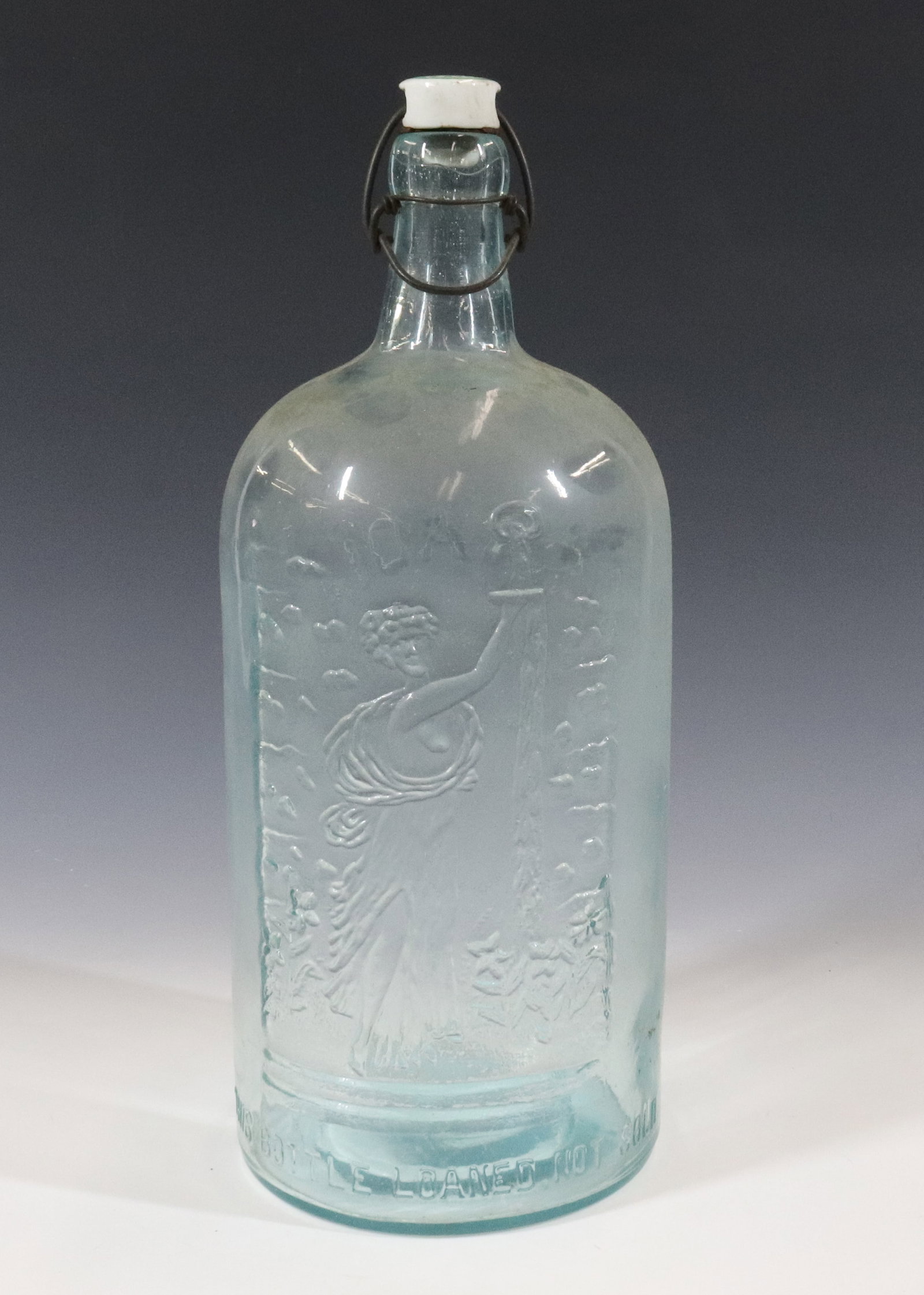CASCADIAN SPRING WATER BOTTLE: EMBOSSED "GRAND VIEW, NY" PORCELAIN STOPPER. 13 1/4" TOTAL HEIGHT. Terms: PLEASE READ CAREFULLY - Terms for Purchasing and Shipping of Auction Items. Please read carefully before bidding. All payments