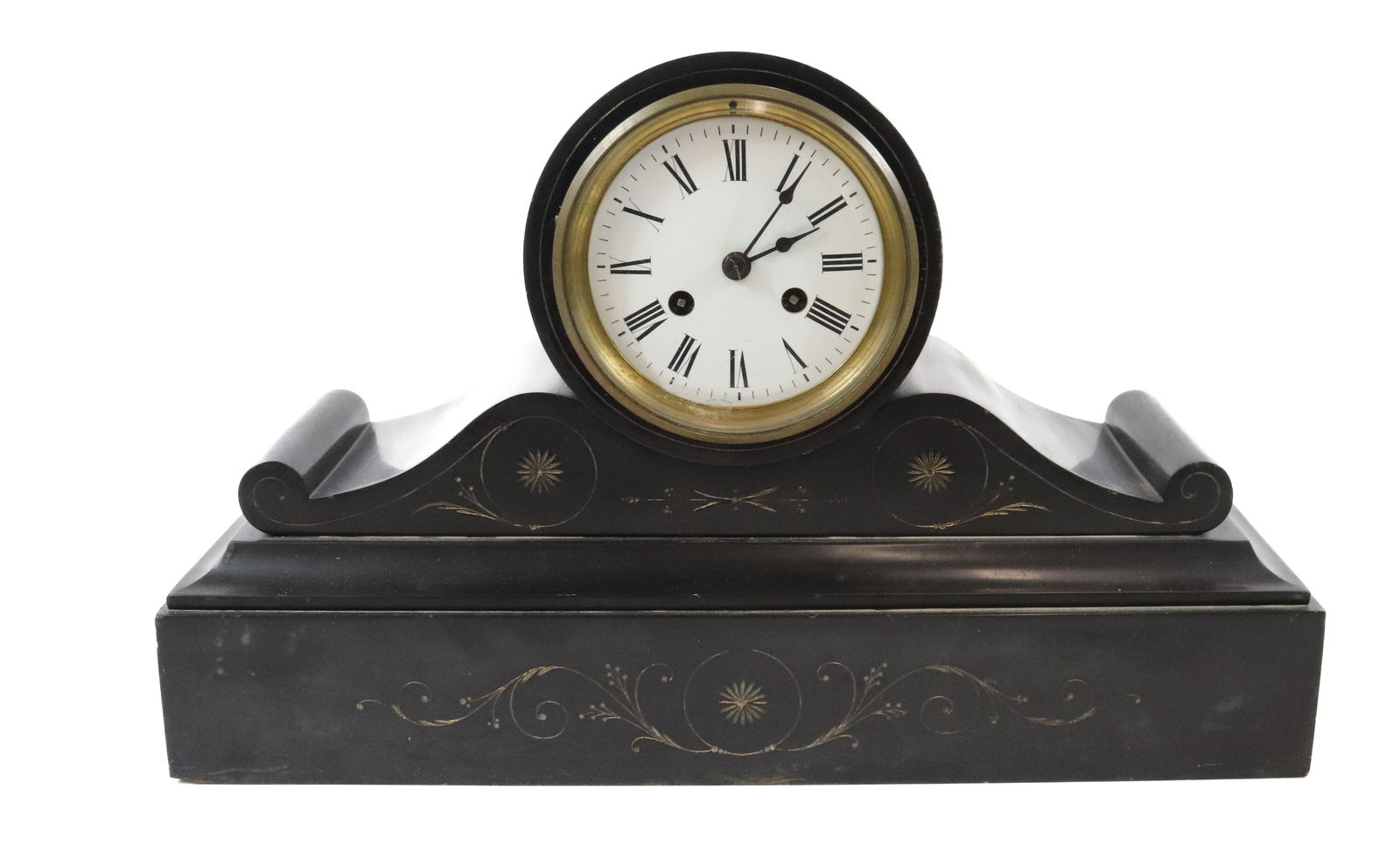 SLATE CASE CLOCK: MANTLE CLOCK ENGRAVED FRONT PORCELAIN ENAMEL 11" X 17 3/4" XZ 5 1/2" Terms: PLEASE READ CAREFULLY - Terms for Purchasing and Shipping of Auction Items. Please read carefully before bidding. All paymen
