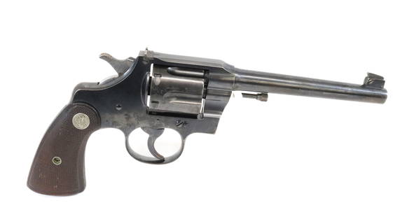 COLT OFFICERS MODEL REVOLVER: .38 CAL, SERIAL# 595916 - 6" BARREL Registration: THIS GUN REQUIRES REGISTRATION OR FFL TRANSFER Terms: UPDATED 2023 TERMS FOR PURCHASING AND SHIPPING OF AUCTION ITEMS. PLEASE READ CAREFULLY
