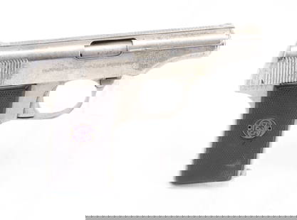 WALTHER PATENT MODEL 8 PISTOL: 6.35MM, SERIAL# 400977 - SINGLE ACTION POCKET PISTOL IN STAINLESS, 3" BARREL Registration: THIS GUN REQUIRES REGISTRATION OR FFL TRANSFER Terms: UPDATED 2023 TERMS FOR PURCHASING AND SHIPPING OF