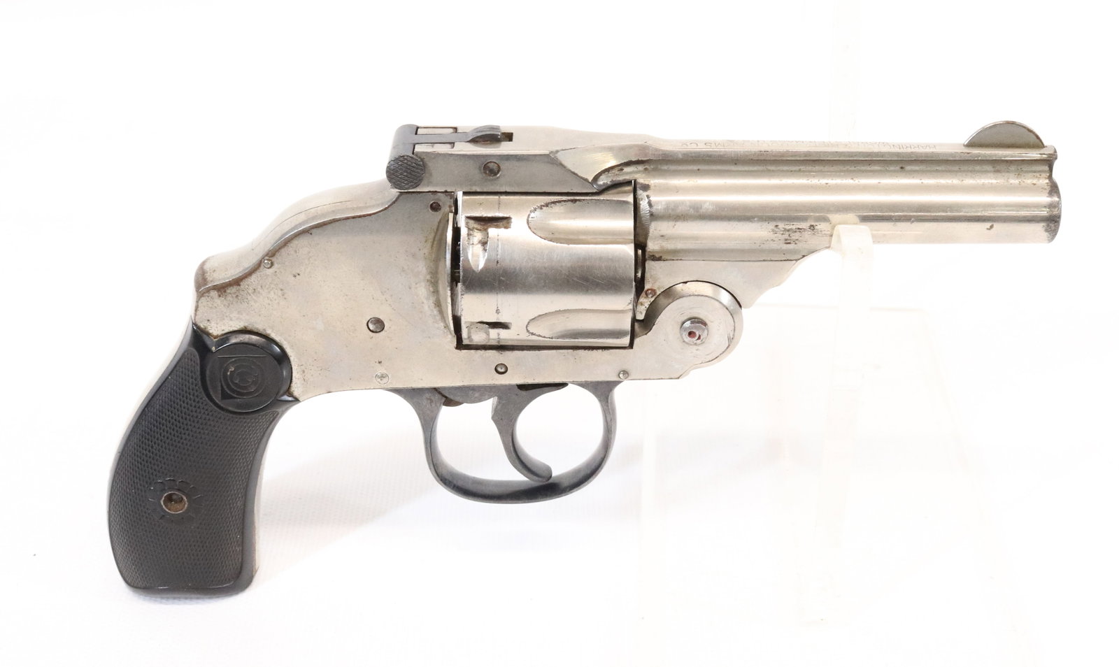 H&R FLIP TOP REVOLVER: 38 S&W CAL, SERIAL# 146136 - 3" BARREL IN NICKEL Registration: THIS GUN REQUIRES REGISTRATION OR FFL TRANSFER Terms: UPDATED 2023 TERMS FOR PURCHASING AND SHIPPING OF AUCTION ITEMS. PLEASE READ CAREFU