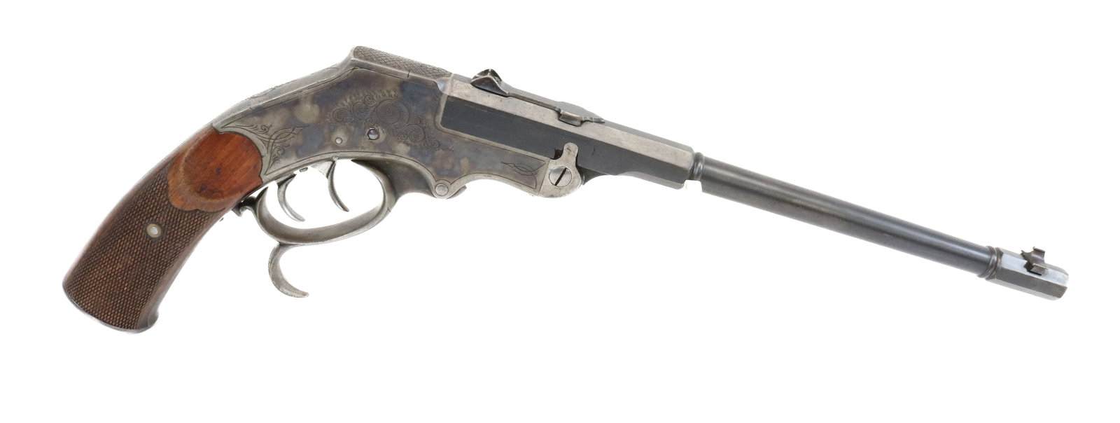 GERMAN DRP SINGLE SHOT TARGET PISTOL: 22 CAL, SERIAL# 73855 - 11", GOOD CASE COLORS WITH CHECKERED WALNUT GRIP Registration: THIS GUN REQUIRES REGISTRATION OR FFL TRANSFER Terms: UPDATED 2023 TERMS FOR PURCHASING AND SHIPPING OF AUCTION I