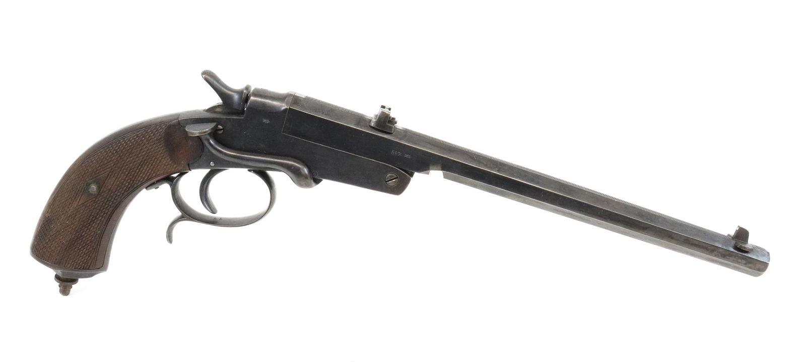 A.F. STOEGER GERMAN SINGLE SHOT TARGET PISTOL: .22 CAL, SERIAL# 11 - BLUED OCTAGONAL BARREL WITH CHECKERED WALNUT GRIPS - 10" BARREL Registration: THIS GUN REQUIRES REGISTRATION OR FFL TRANSFER Terms: UPDATED 2023 TERMS FOR PURCHASING AND SHIPPING