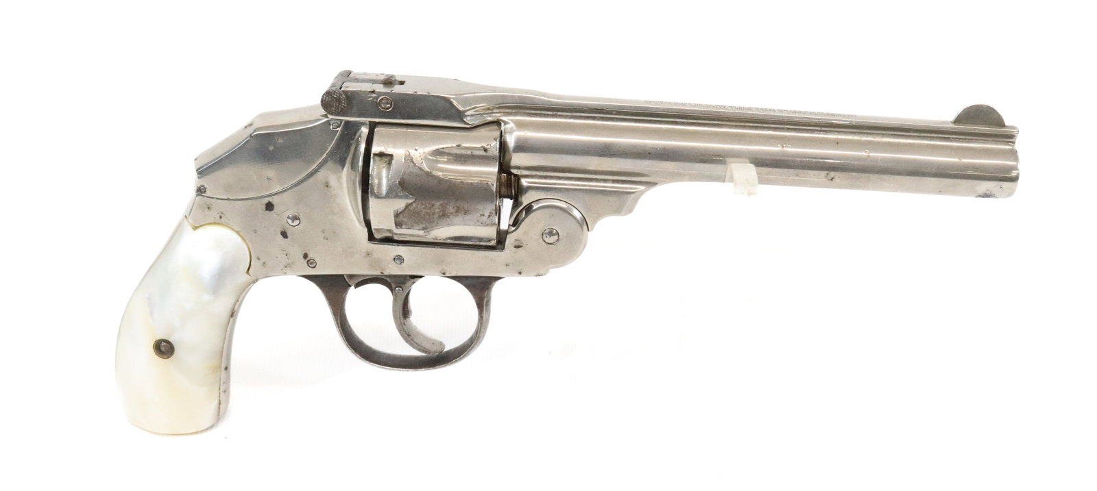 IVER JOHNSON SAFETY DOUBLE ACTION: 38 CAL, SERIAL# 39738 - 5" BARREL - MOTHER OF PEARL GRIPS Registration: THIS GUN REQUIRES REGISTRATION OR FFL TRANSFER Terms: UPDATED 2023 TERMS FOR PURCHASING AND SHIPPING OF AUCTION ITEMS. PLEASE RE