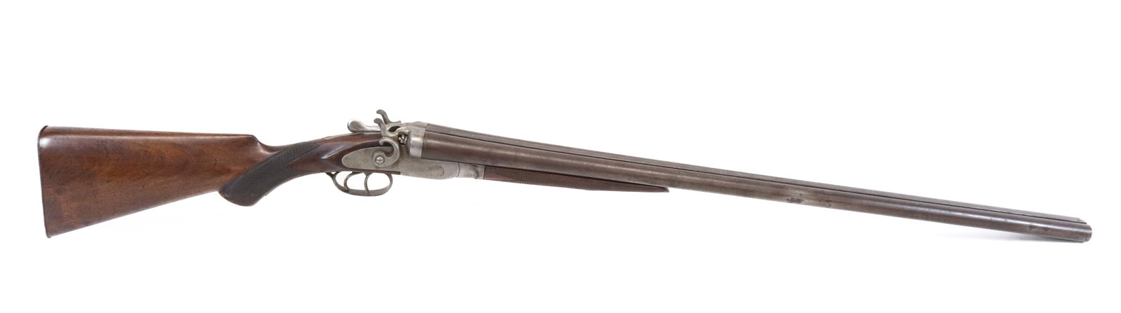A. HARRINGTON DOUBLE HAMMER SHOTGUN: MADE IN BELGIUM, DAMASCUS BARRELS - 12GA, SERIAL# 7110 - 30" BARRELS Registration: ANTIQUE OR BLACK POWDER, NO REGISTRATION REQUIRED Terms: UPDATED 2023 TERMS FOR PURCHASING AND SHIPPING OF AUCTION IT