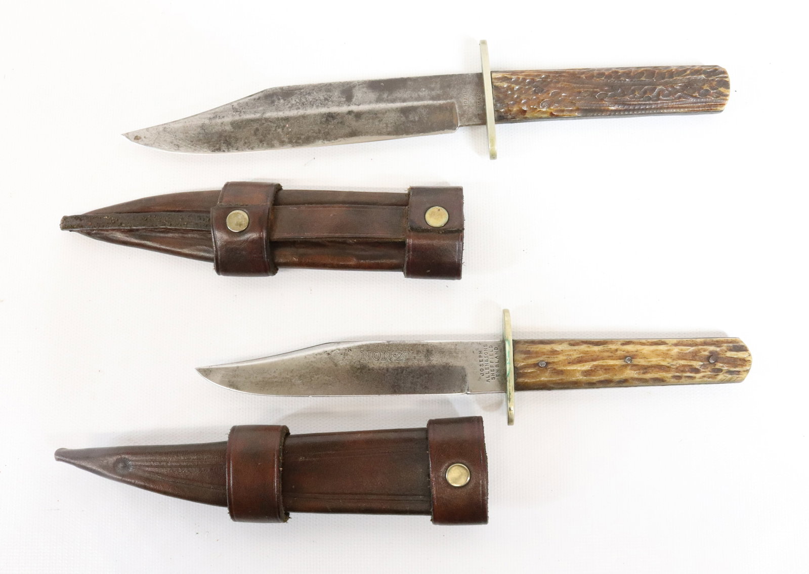 (2) EARLY HUNTING KNIVES: JOS. ALLEN AND SONS - CZECH MFG - BOWIE STYLE KNIVES WITH SHEATHS