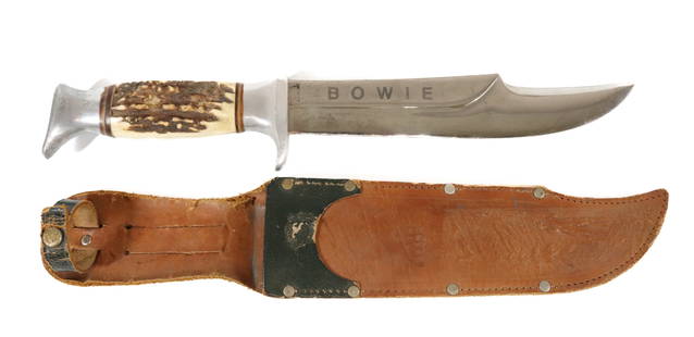 EDGE BRAND BOWIE KNIFE WITH SHEATH: BLADE MARKED "BOWIE", EDGE BRAND GERMAN BLADE, HORN HANDLE, WITH SHEATH - BLADE WITH #469 - 8" BLADE, 13 1/4" OVERALL LENGTH