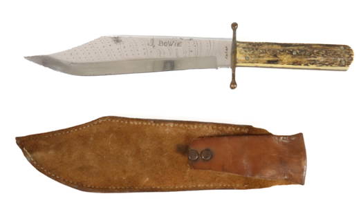KABAR "J. BOWIE" KNIFE WITH SHEATH: BLADE MARKED; J. BOWIE, KABAR AT BASE - BONE HANDLE WITH SHEATH, 8 1/2" BLADE AND 13 1/4" OVERALL LENGTH