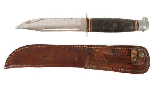KABAR HUNTING KNIFE: BLADE MARKED; KABAR, #1207 USA - WITH SHEATH, 6" BLADE AND 11" OVERALL LENGTH - FINGER GRIP HANDLE