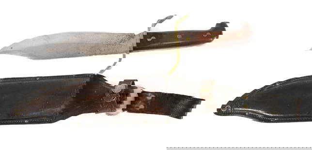 LARGE BOWIE STYLE KNIFE: UNMARKED BLADE (POSSIBLY WESTERN), HEAVY CONSTRUCTION - WITH SHEATH, BLADE IS 9 1/2" X 2" - 14 1/2" OVERALL LENGTH