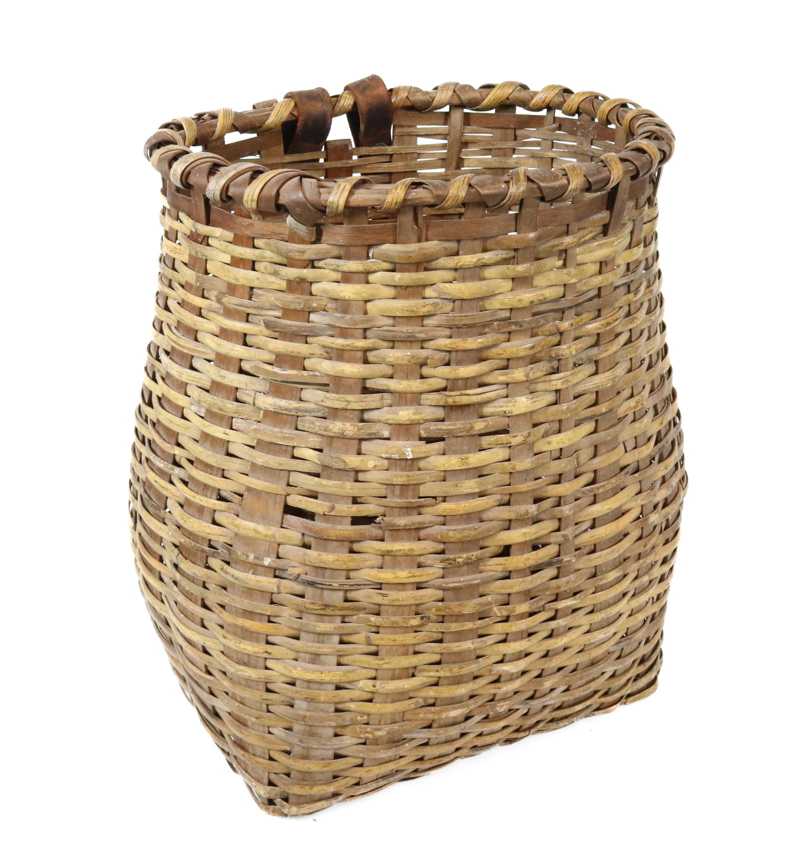 ANTIQUE PENNSYLVANIA TRAPPERS BASKET: HAND WOVEN WITH LEATHER STRAPS - 19TH CENTURY PENNSYLVANIA