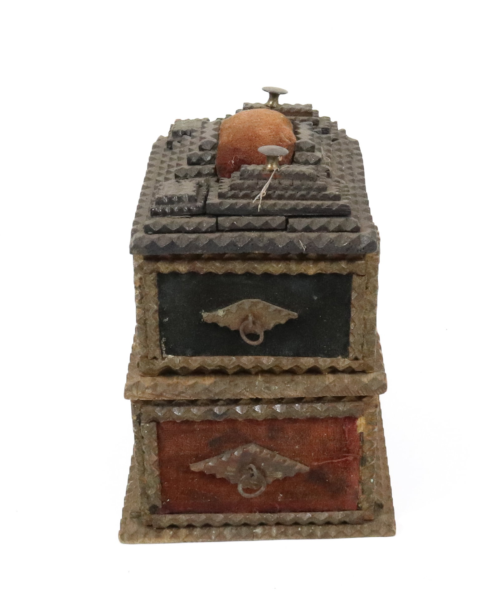 TRAMP ART SEWING BOX: CHIP CARVED WITH VELVET PANELS, TWO DRAWERS WITH PIN CUSHION ON TOP - PAINTED WOODEN SURFACE, 7" X 5" X 6"