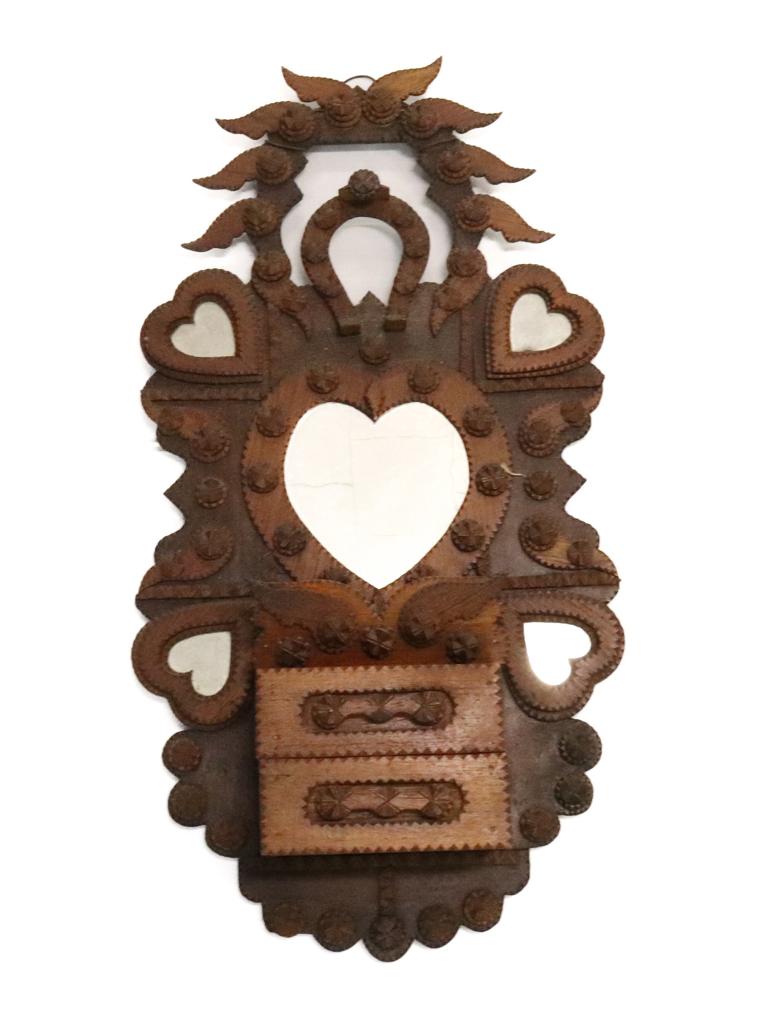 JOHN ZADZORA TRAMP ART WALL PLAQUE: HORSESHOE ABOVE (4) MIRROR HEARTS, TWO DRAWERS, WITH WINGS - 28" X 14 1/2"