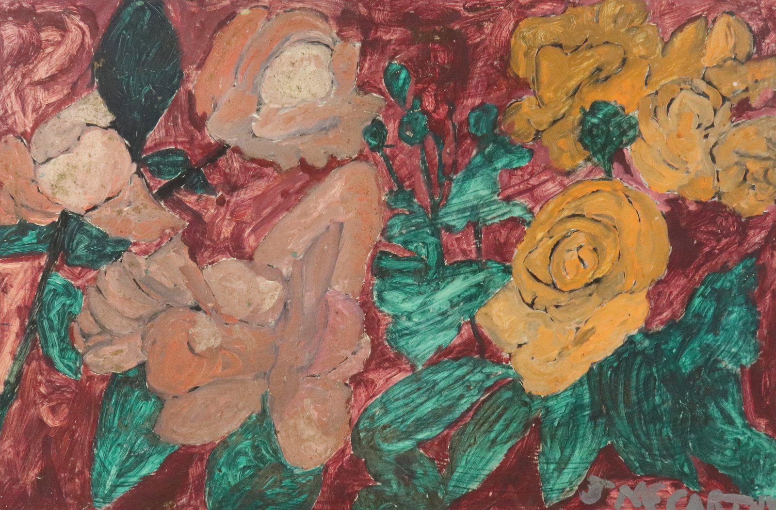 JUSTIN MCCARTHY, FLORAL, OIL ON BOARD: ABSTRACT FLORAL, SGND. LOWER RIGHT, WITH HEAVY ORANGE/PINK/RED/GREEN COLORS. UNFRAMED. 16 1/2" X 24". FROM THE PRIVATE COLLECTION OF KATHRYN ZERVOS GRANDDAUGHTER OF STERLING STRAUSER