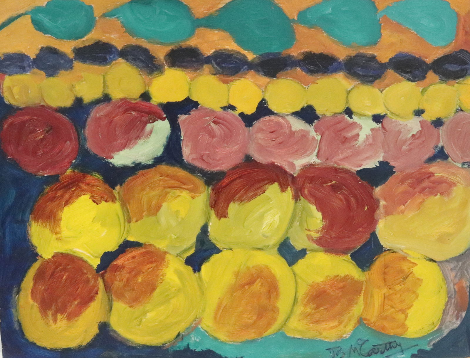 JUSTIN MCCARTHY OIL ON BOARD: DEPICTS COLORFUL CIRCLES (FRUIT). SGND. LOWER RIGHT. UNFRAMED. 18" X 24". FROM THE PRIVATE COLLECTION KATHRYN ZERVOS, GRANDDAUGHTER OF STERLING STRAUSER.