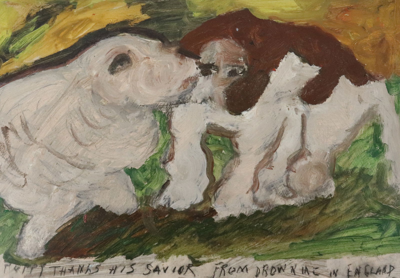 JUSTIN MCCARTHY OIL ON BOARD: SEAL PUPPY THANKS HIS SAVIOR FROM DROWNING IN ENGLAND. SGND. LOWER RIGHT. UNFRAMED. 12" X 18". FROM THE PRIVATE COLLECTION KATHRYN ZERVOS, GRANDDAUGHTER OF STERLING STRAUSER