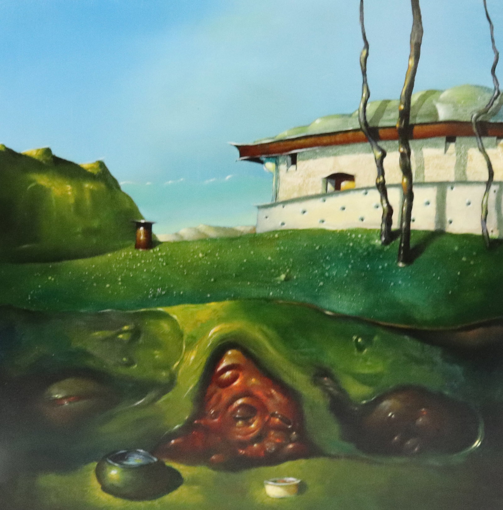 ROBERT RASELY, OIL ON PANEL: OIL ON BIRCH PANEL. "CEREMONY". ALLAN STONE GALLERY EXHIBITION. SGND./DATED ON BACK 1997. UNFRAMED. 11" X 11".