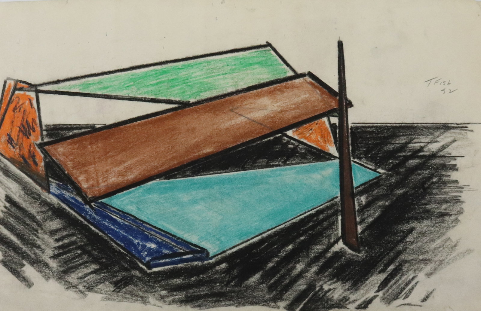EARLY TOM FISH CRAYON ON PAPER: ABSTRACT. SGND./DATED UPPER RIGHT 82. UNFRAMED 8 1/2" X 14". FROM THE PRIVATE COLLECTION KATHRYN ZERVOS, GRANDDAUGHTER OF STERLING STRAUSER