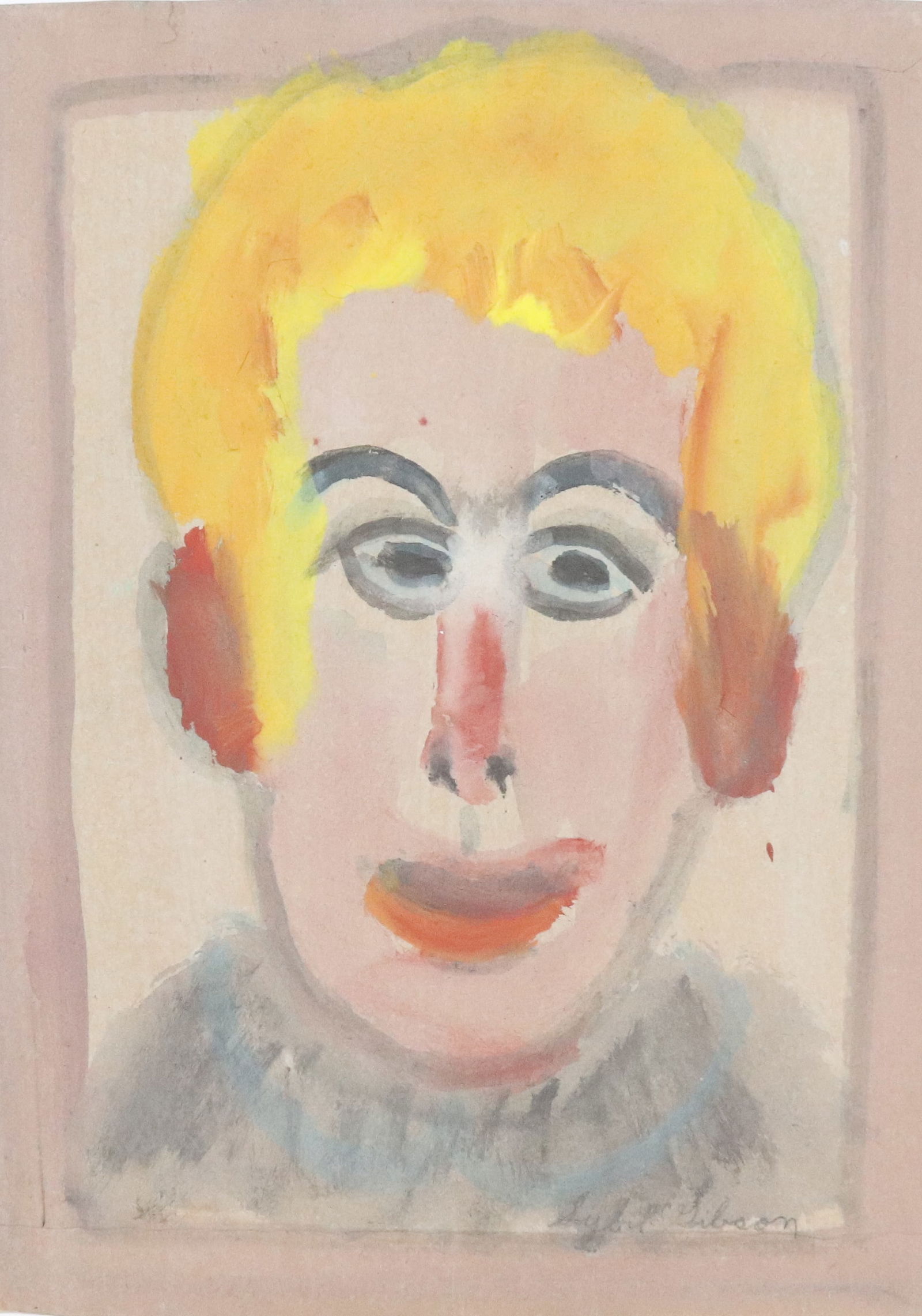 SYBIL GIBSON ACRYLIC ON PAPER: DEPICTS CLOWN. SGND. LOWER RIGHT. UNFRAMED. 16" X 12". FROM THE PRIVATE COLLECTION KATHRYN ZERVOS, GRANDDAUGHTER OF STERLING STRAUSER