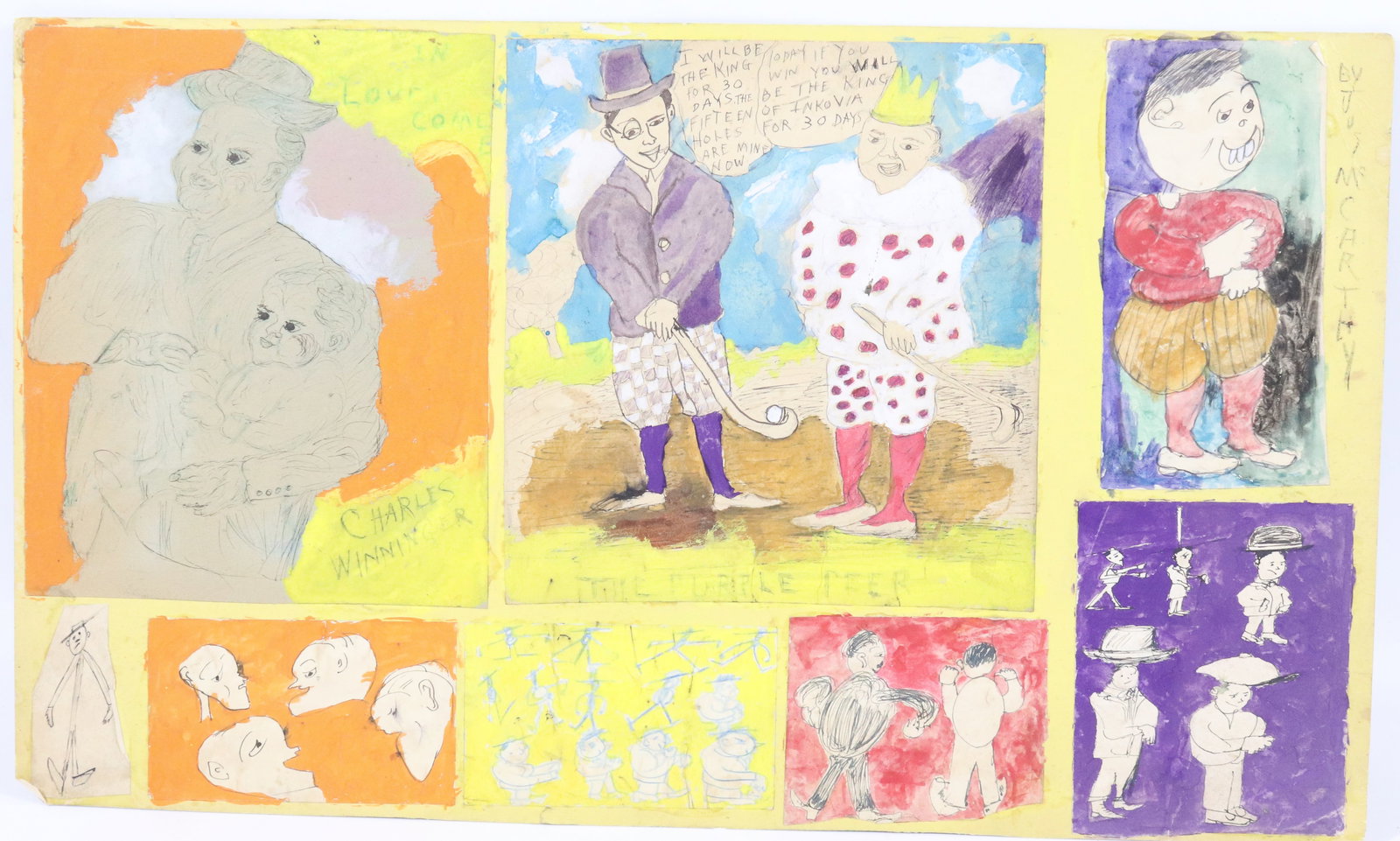 JUSTIN MCCARTHY, ADVERTISEMENT DRAWINGS: FEATURING 7 DRAWINGS INCLUDING CHARLES WINNINGER, THE PURPLE PEER AND OTHER DRAWINGS. UNFRAMED. 13" X 22". FROM THE PRIVATE COLLECTION KATHRYN ZERVOS, GRANDDAUGHTER OF STERLING STRAUSER