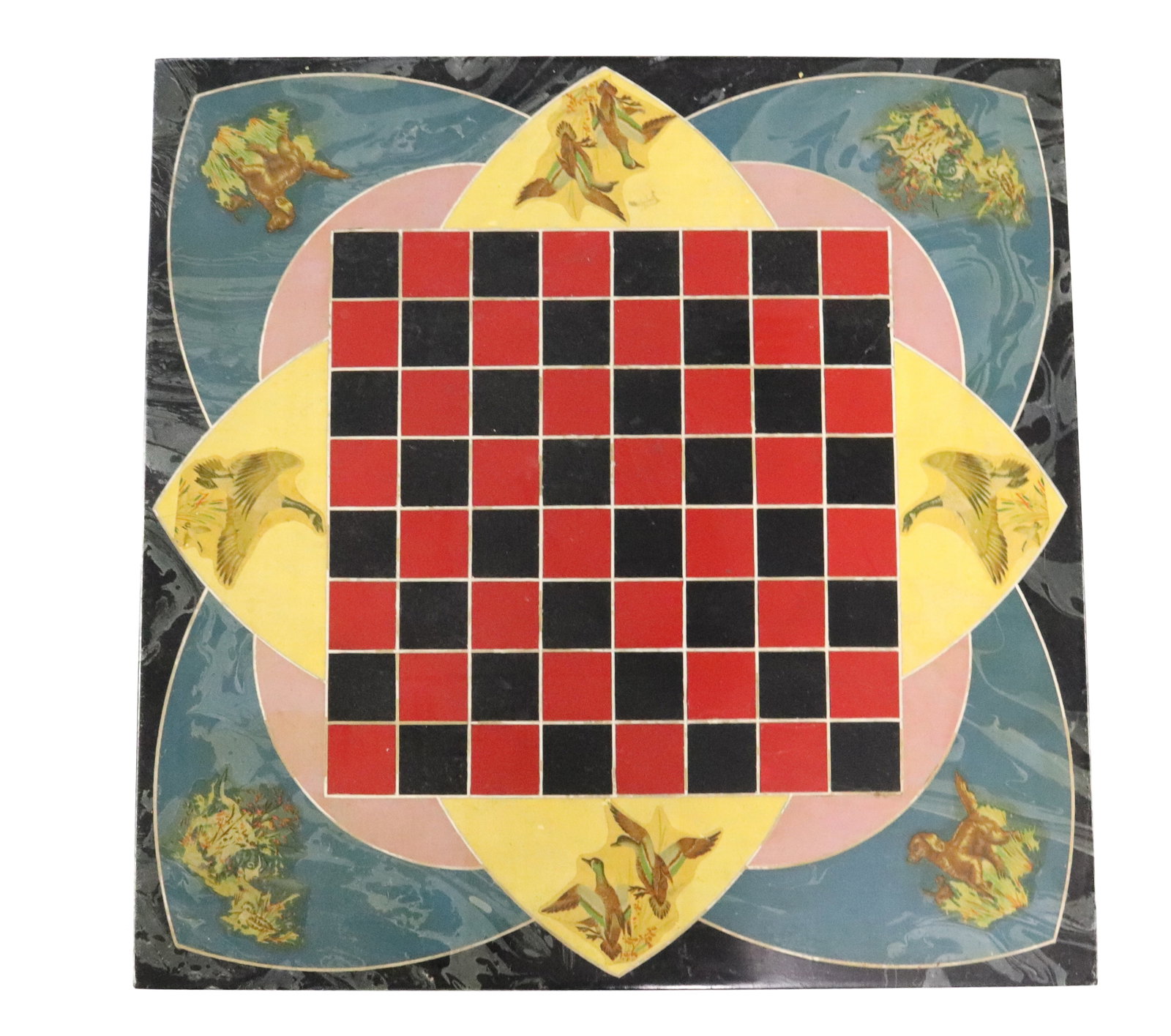 MARBLEIZED SLATE CHECKERBOARD: PAINTED SURFACE WITH DUCKS, DOGS, AND GEESE - 20" X 20"