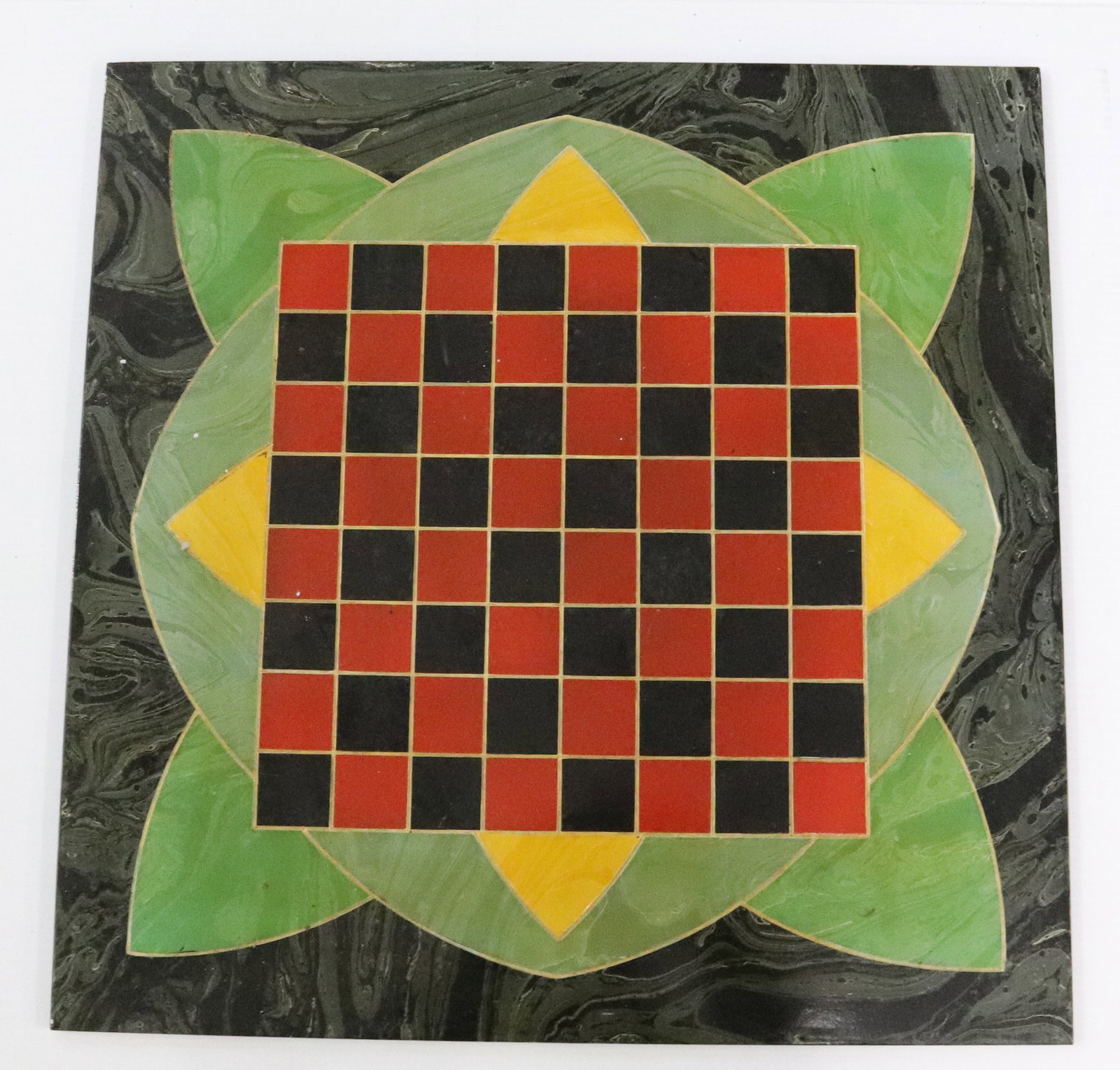 MARBLEIZED SLATE CHECKERBOARD: SLATE CHECKERBOARD, MARBLEIZED SURFACE, IN BLACK, GREEN, AND YELLOW - 20" X 20"