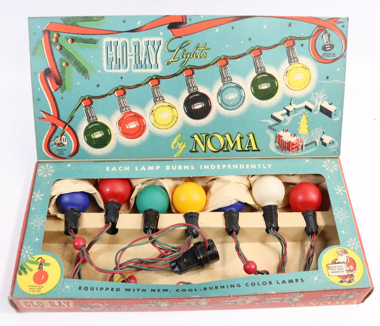 NOMA GLO-RAY CHRISTMAS LIGHTS: ORIGINAL BOX. WORKING ORDER. MOST BULBS LIGHT. BOX 16" L.