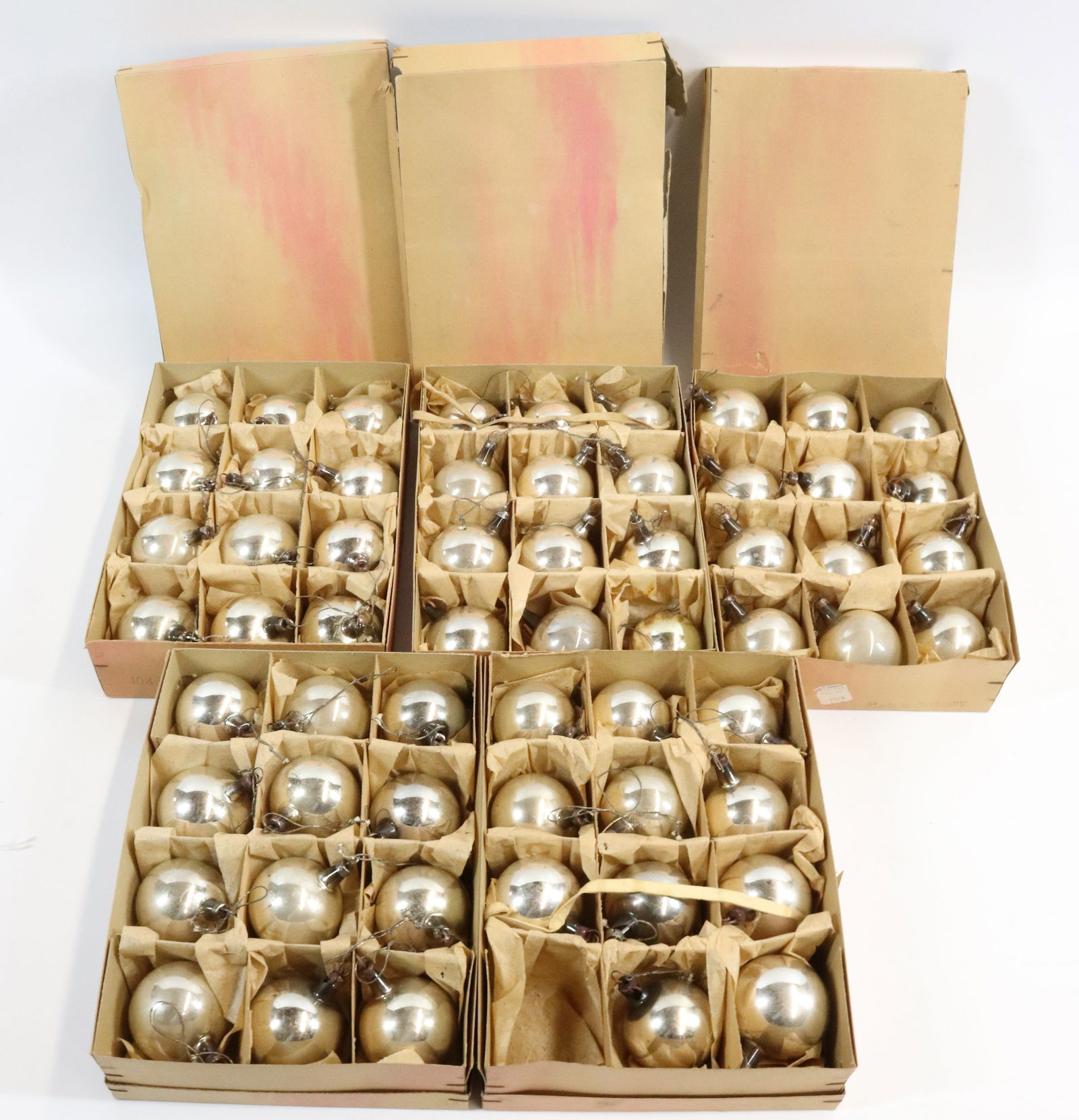 LOT OF VINTAGE SILVER CHRISTMAS ORNAMENTS: (59) MERCURY GLASS ORNAMENTS. BOXES MRKD. MADE IN GERMANY. 1 1/2" D.