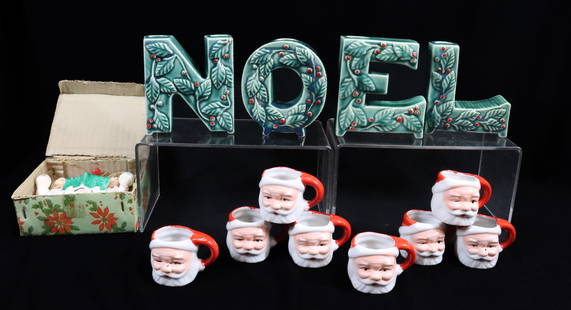 LOT OF VINTAGE CHRISTMAS CERAMICS: INCLUDING: (4) NOEL CANDLE HOLDERS 4 1/4" H. (JAPAN), THREE CHOIR BOYS CANDLE HOLDER IN BOX AND EIGHT MINI SANTA MUGS 1 1/2" H.