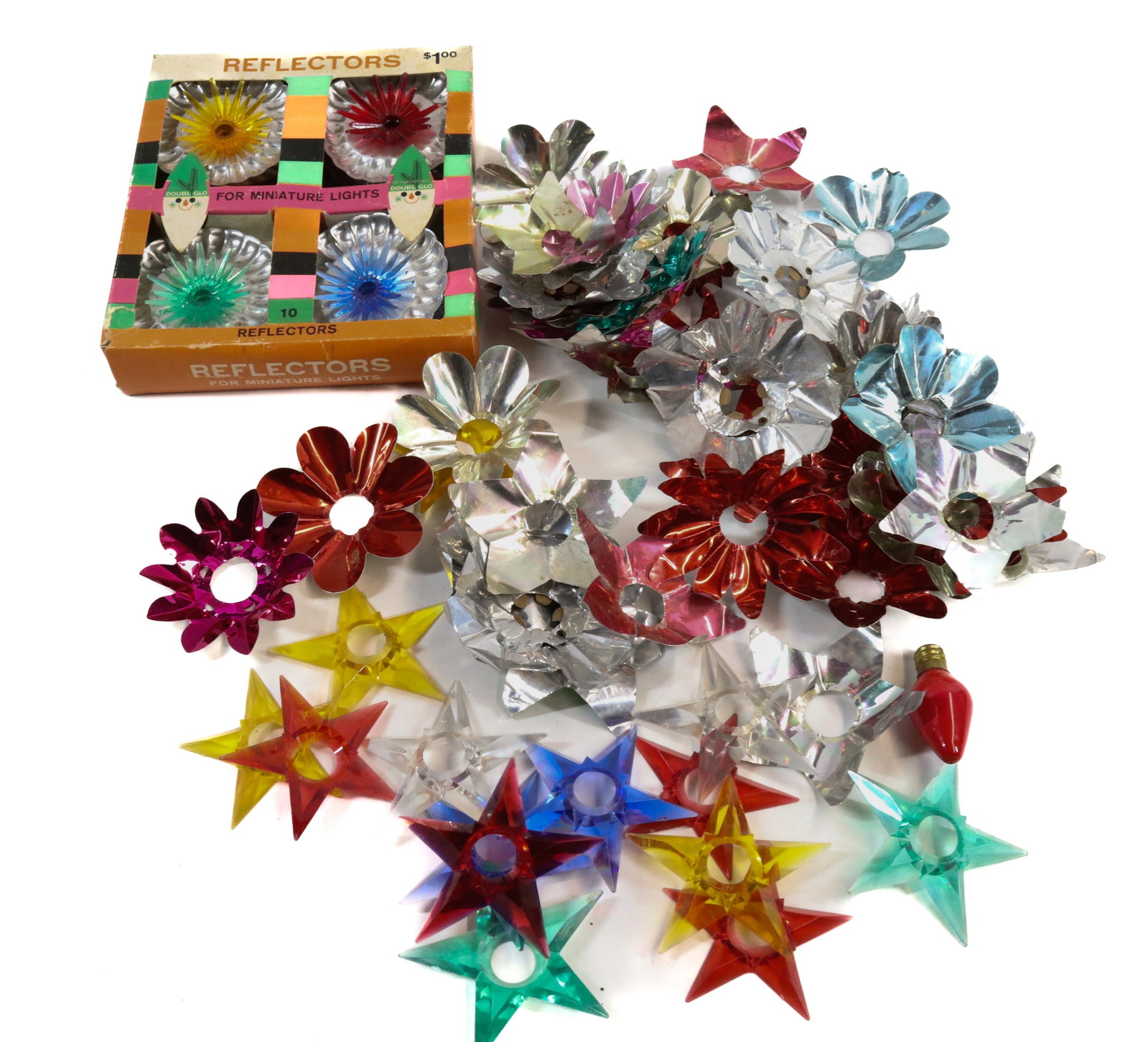 LOT OF VINTAGE CHRISTMAS LIGHT BULB REFLECTORS: COLORED FOIL AND PLASTIC ONE BOX OF DOUBL GLO REFLECTORS.