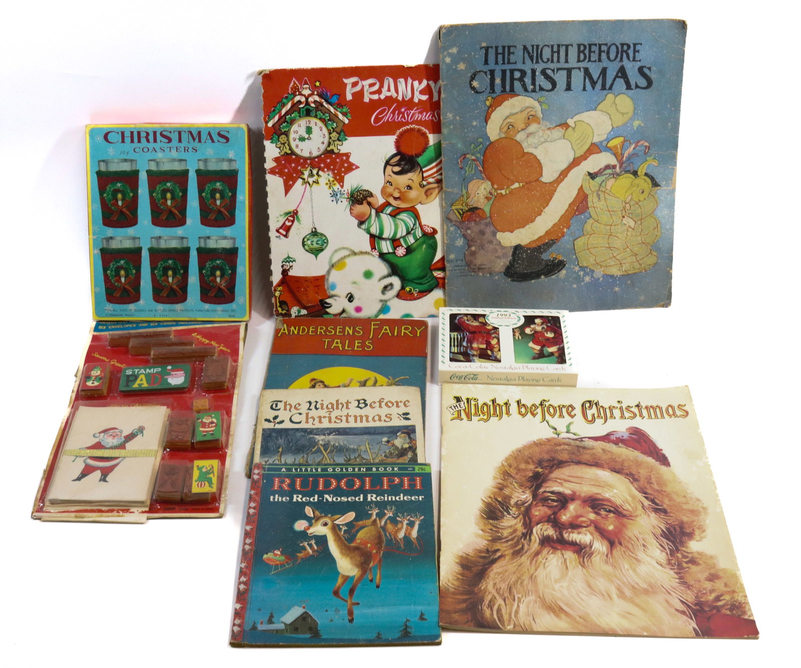 LOT OF VINTAGE CHRISTMAS PAPER GOODS AND MORE: INCLUDING: VARIOUS BOOKS, XMAS COASTERS, PRINTING SET, COVER ONLY OF PRANKY'S CHRISTMAS.