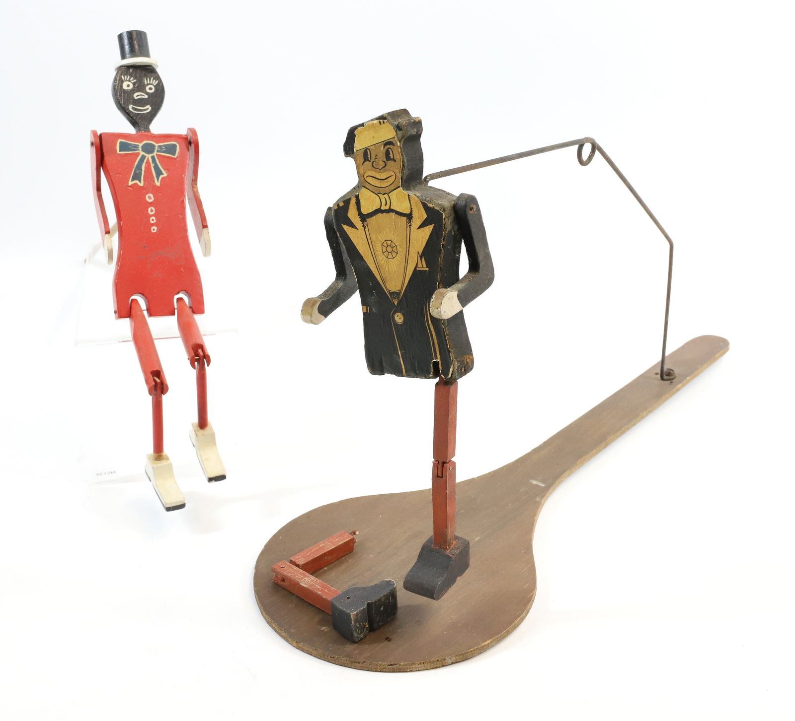 (2) VINTAGE WOODEN TOYS: TWO PAINTED WOOD BLACK AMERICANA FIGURES. LARGEST IS 12" H.