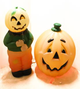 (2) HALLOWEEN BLOW MOLDS: PUMPKIN "MADE IN USA" 24" H. PUMPKIN SCARECROW MRKD. DON FEATHERSTONE ON BACK BOTTOM SIDE. 31 1/2" H.