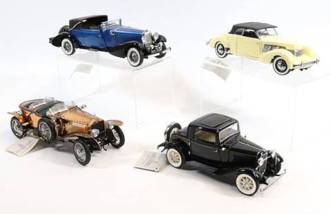 (4) FRANKLIN MINT PRECISION MODELS: INCLUDING: 1933 DUESENBERG (9 1/2"L), 1921 ROLLS-ROYCE SILVER GHOST, 1937 CORD 812 PHAETON COUPE AND 1932 FORD DEUCE COUPE.