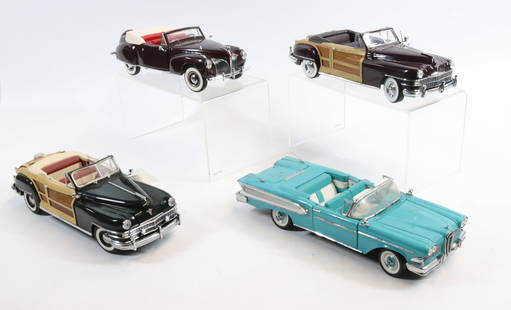 (4) FRANKLIN MINT PRECISION MODEL CARS: INCLUDING: 1958 EDSEL CITATION (8 3/4"L.), TWO 1948 CHRYSLER TOWN & COUNTRY AND UNMARKED DROP TOP.