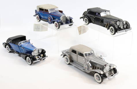 (4) FRANKLIN MINT PRECISION MODEL CARS: INCLUDING: 1933 DUESENBERG VICTORIA (9 3/4"L.), 1940 DUESENBERG, 1932 CADILLAC AND 1933 DUESENBERG TWENTY GRAND.