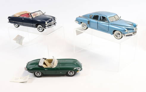 (3) FRANKLIN MINT PRECISION MODEL CARS: INCLUDING: 1961 JAGUAR E-TYPE, 1949 FORD CONVERTIBLE AND 1948 TUCKER (9"L).