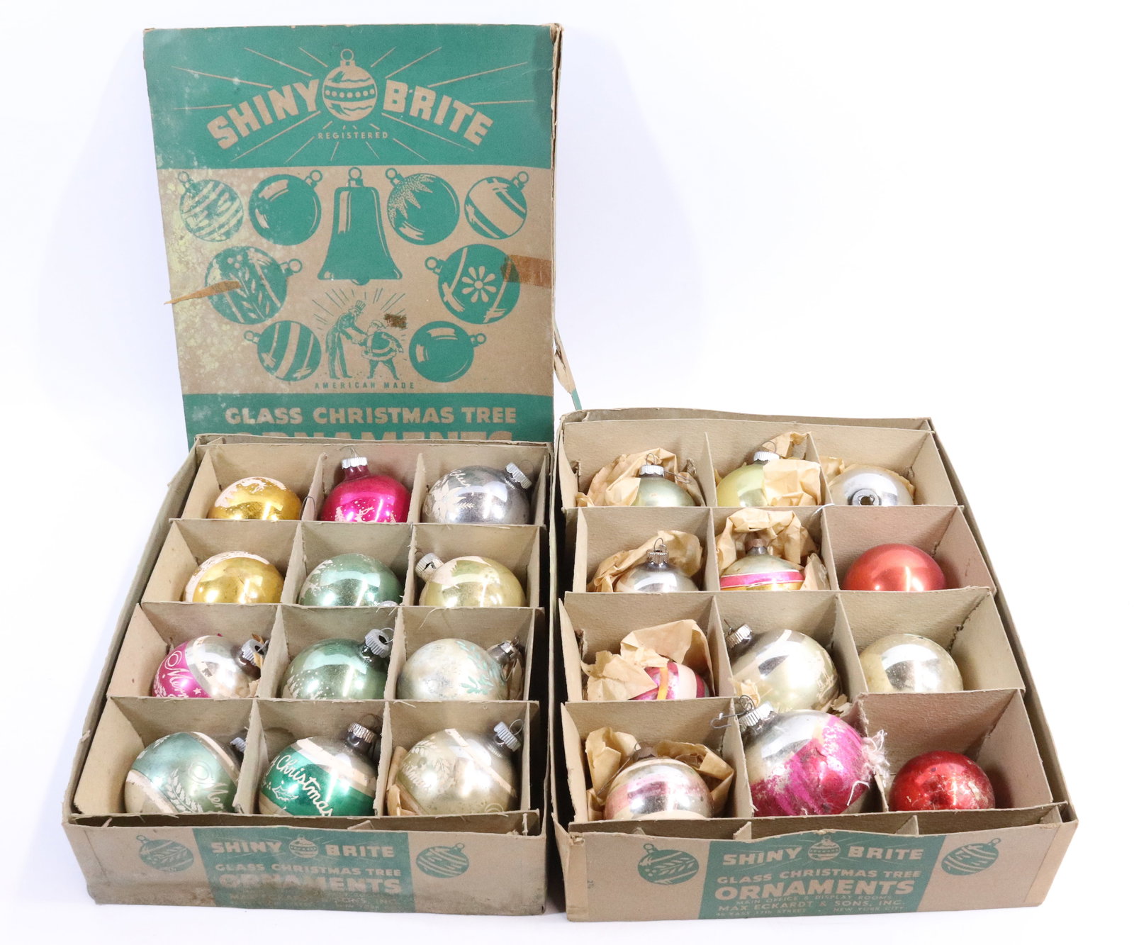 (2) BOXES OF SHINY BRITE ORNAMENTS: ORIGINAL BOXES (SOME LOSS). ORNAMENTS HAVE FROSTED SCENES. 3" D. AVERAGE.