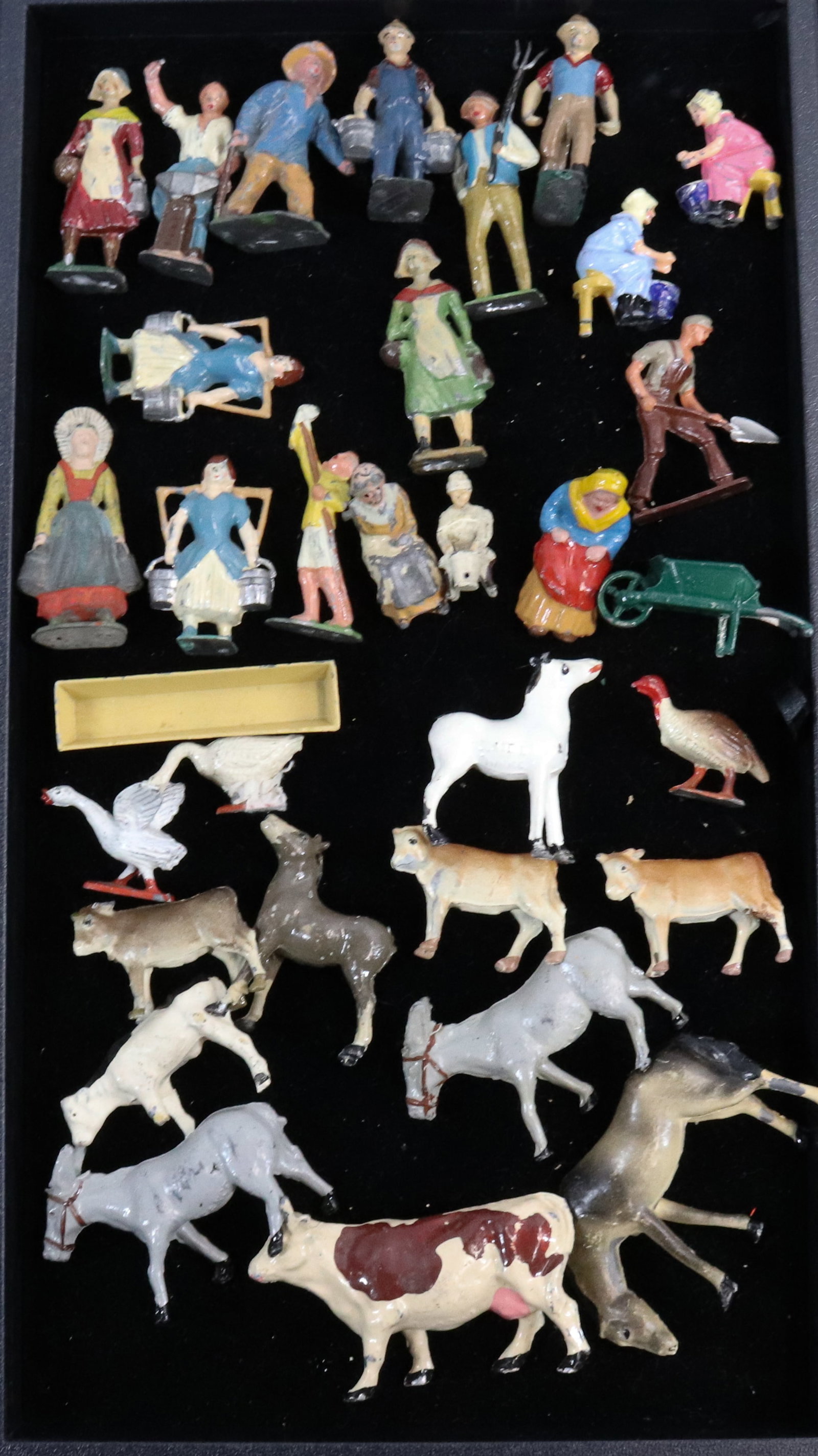 LOT OF PAINTED METAL ANIMALS AND PEOPLE: MOST ANIMALS AND SOME PEOPLE MRKD. FRANCE. LARGEST 3"L.