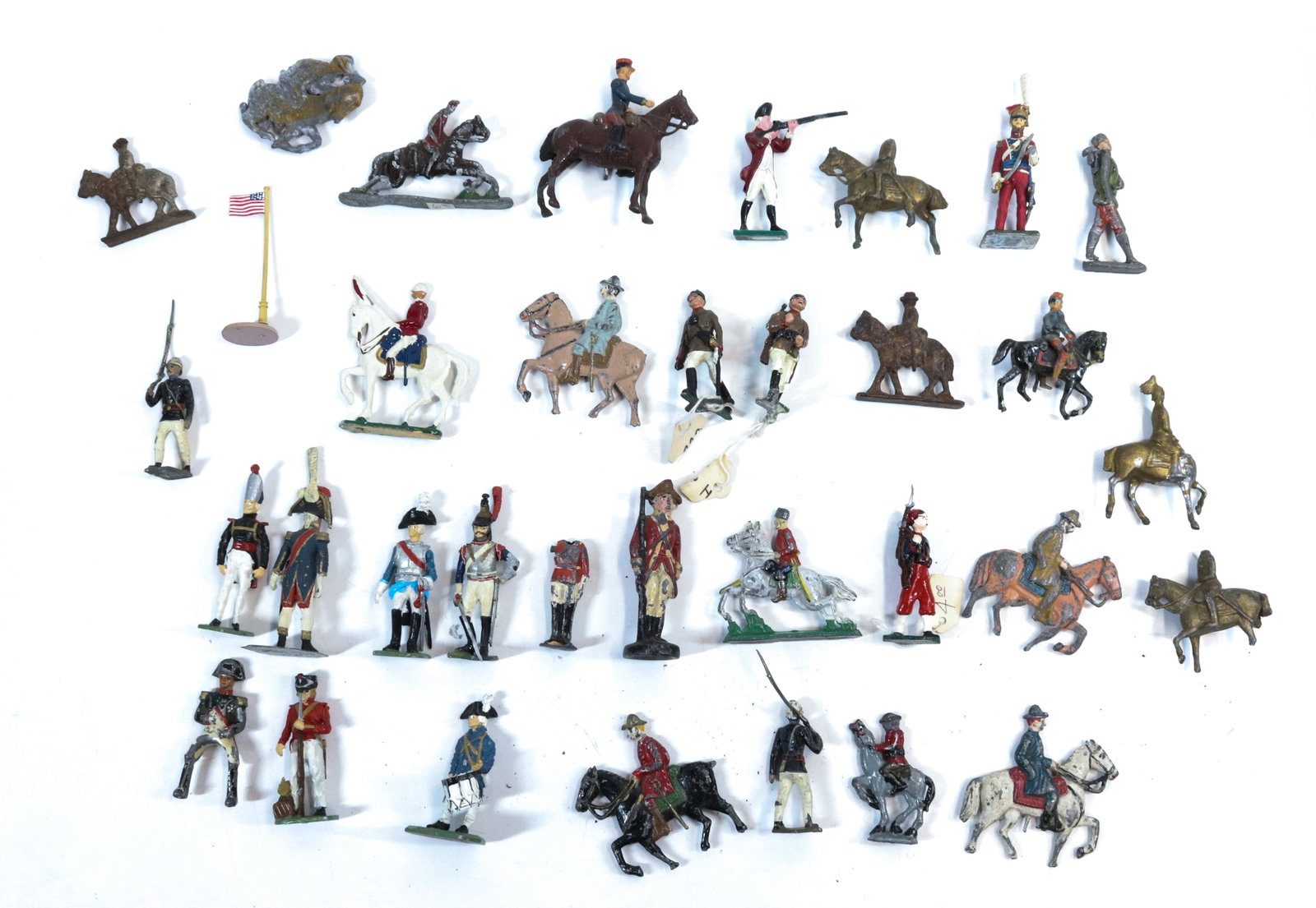 LARGE LOT OF LEAD SOLDIERS: PAINTED LEAD AND METAL. MOST UNMARKED. LARGEST 3 1/2" H.