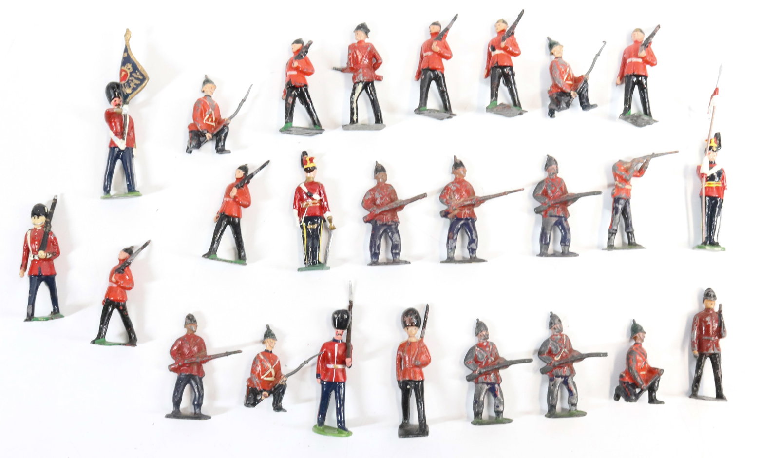 LOT OF PAINTED METAL SOLDIERS: PAINTED LEAD. SOME MRKD. ENGLAND ON BASES. LARGEST 3 1/2" H. (WITH FLAG).
