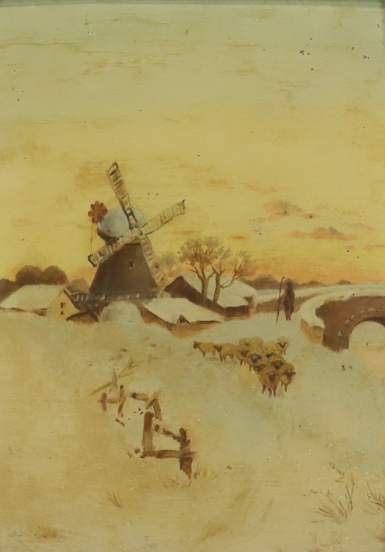 OIL ON BOARD SNOW SCENE: DEPICTS WINDMILL WITH SHEEP WALKING THROUGH THE SNOW. UNSIGNED. SIGHT VIEW 10 1/2" X 7 3/4". Terms: PLEASE READ CAREFULLY - Terms for Purchasing and Shipping of Auction Items. Please read carefully be
