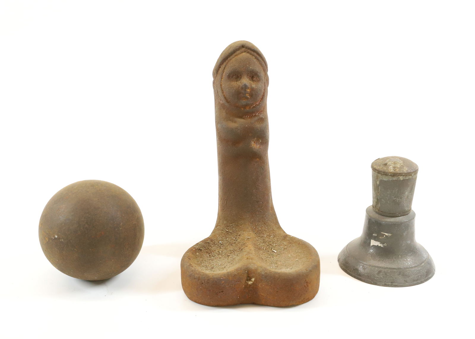 LOT OF IRON AND PEWTER: PHALLIC PIPE TRAY 6 3/4" H, IRON BALL AND PEWTER FUEL LAMP WITH COVER. Terms: PLEASE READ CAREFULLY - Terms for Purchasing and Shipping of Auction Items. Please read carefully before bidding. All paym
