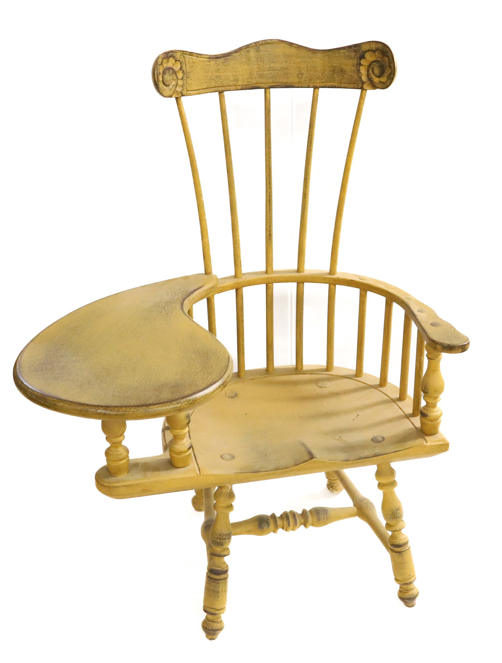 CONTEMPORARY CHILD'S WINDSOR CHAIR: MUSTARD YELLOW, MORTISED CONSTRUCTION, WRITING SURFACE. 31 1/2" X 24" X 11 1/2". Terms: PLEASE READ CAREFULLY - Terms for Purchasing and Shipping of Auction Items. Please read carefully before bidding