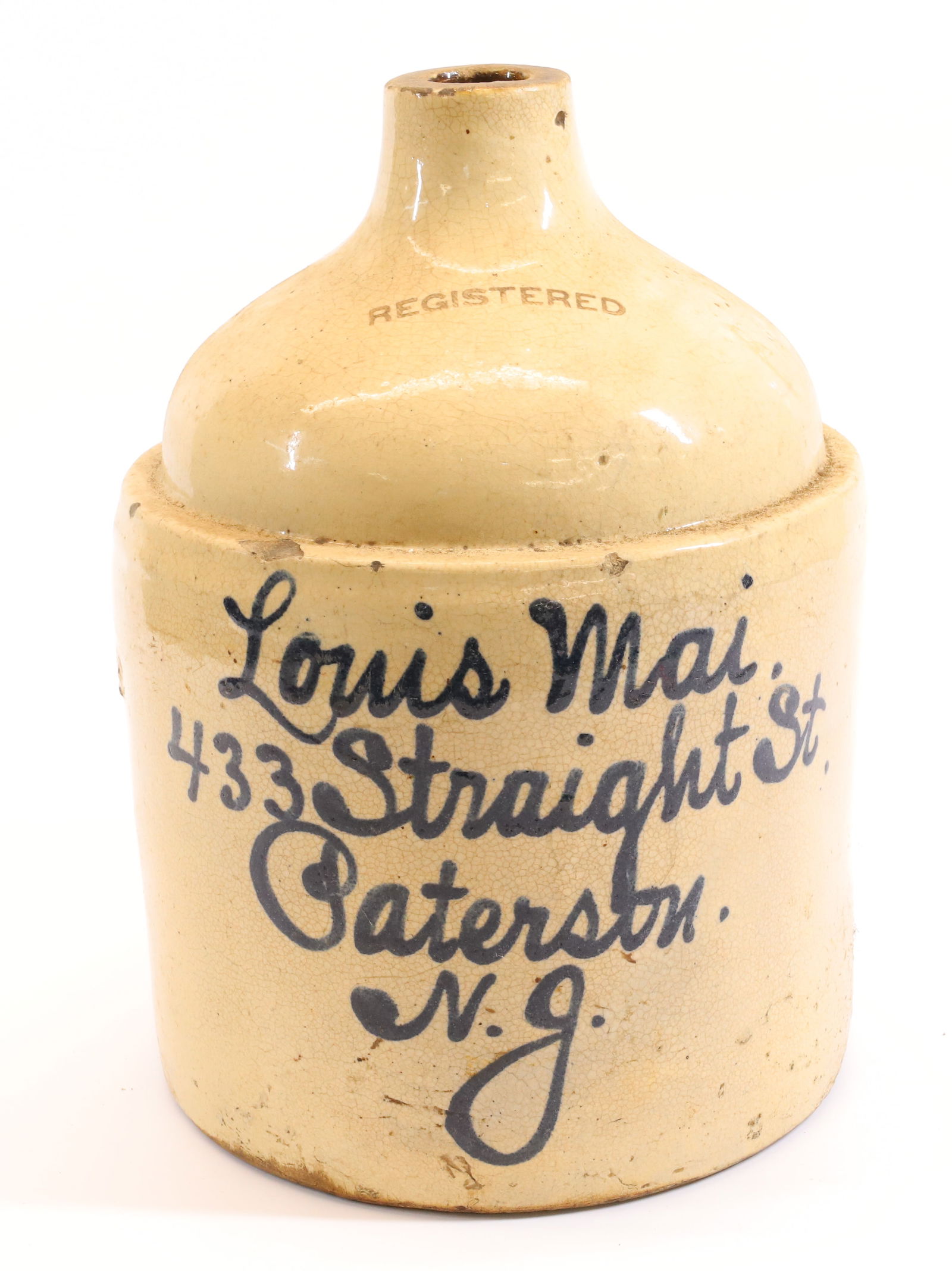 BLUE DECORATED PATERSON, NJ ADVERTISING JUG (1 of 5)