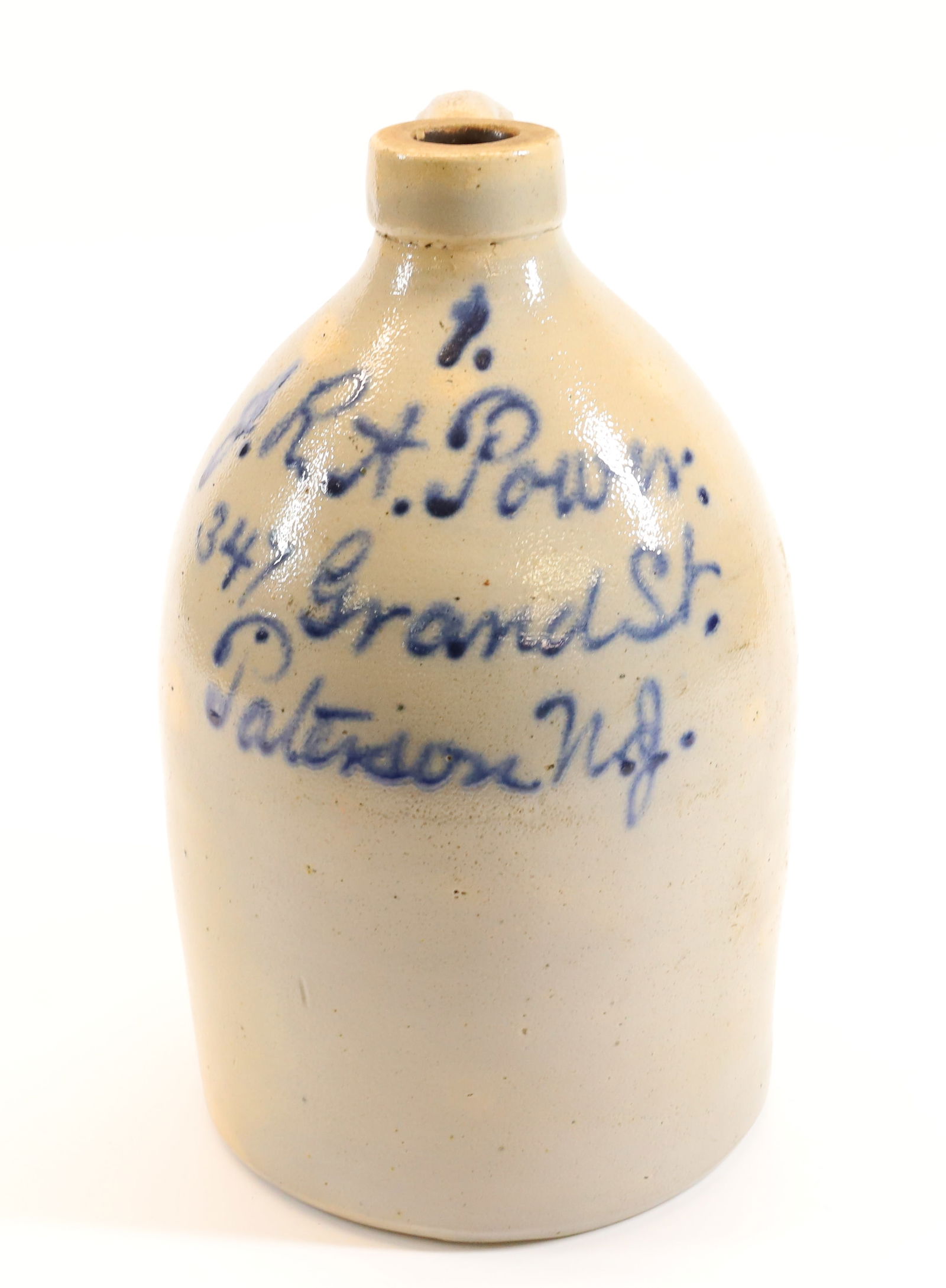 BLUE DECORATED PATERSON, NJ ADVERTISING JUG (1 of 5)