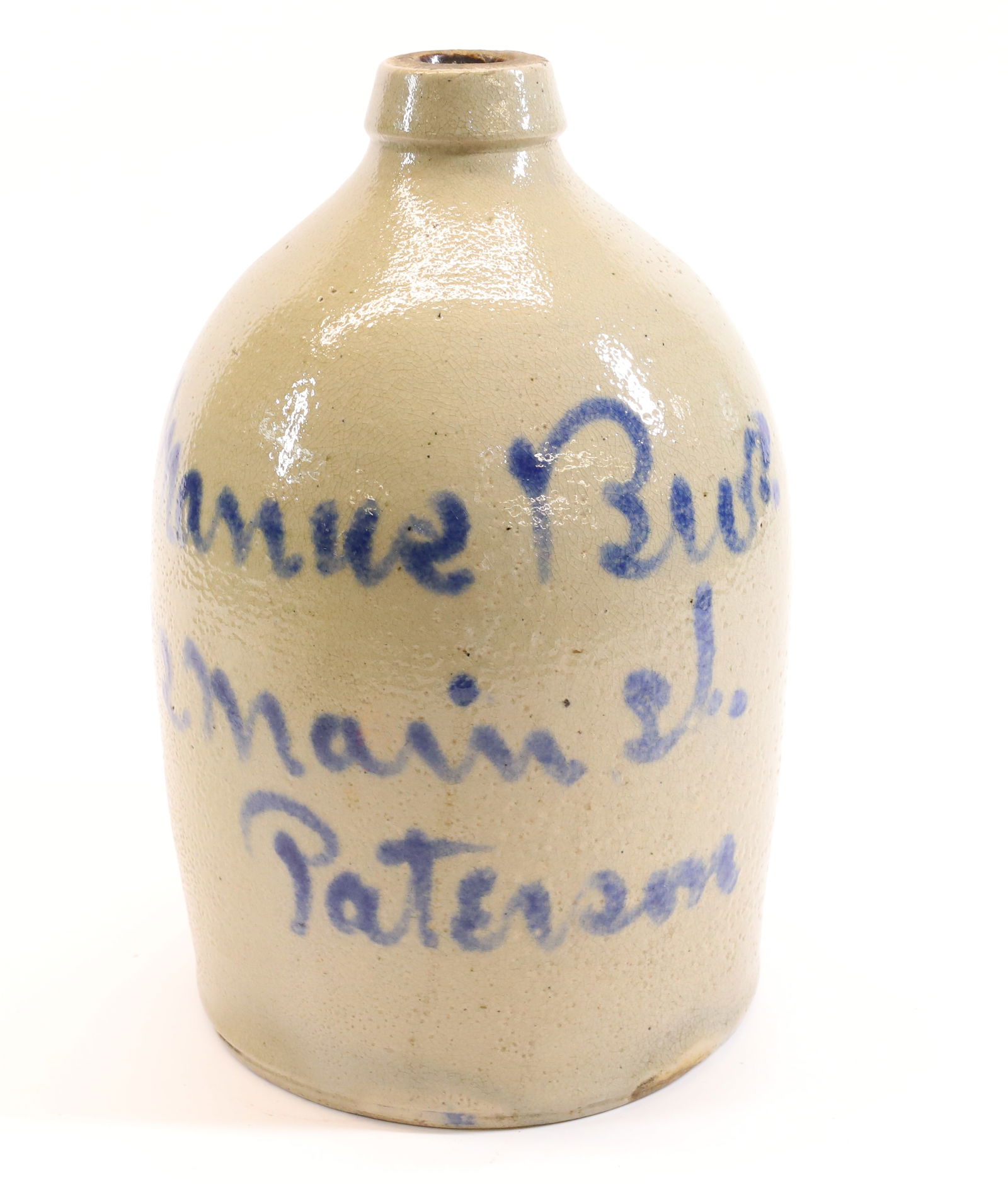 BLUE DECORATED PATERSON, NJ ADVERTISING JUG (1 of 5)